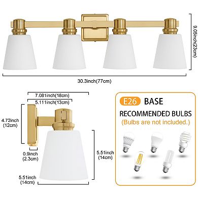POWLIG 30" Vanity Light Fixture,4-Light Dimmable Bathroom Lighting with Cone Milk White Glass Shades