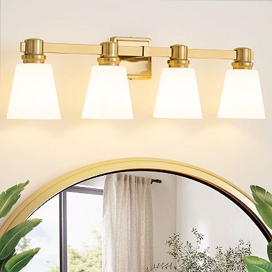 POWLIG 30" Vanity Light Fixture,4-Light Dimmable Bathroom Lighting with Cone Milk White Glass Shades