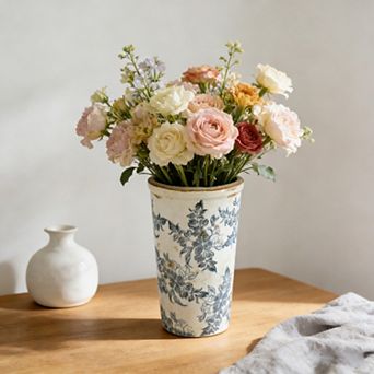 6.7x6.7x11.6" White Ceramic Accent Vase with Gray Floral Design