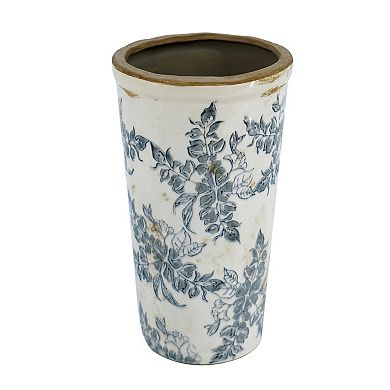 6.7x6.7x11.6" White Ceramic Accent Vase with Gray Floral Design