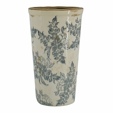 6.7x6.7x11.6" White Ceramic Accent Vase with Gray Floral Design