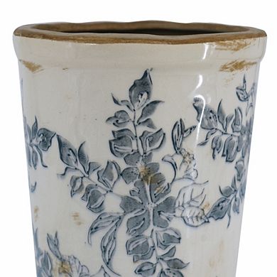 6.7x6.7x11.6" White Ceramic Accent Vase with Gray Floral Design
