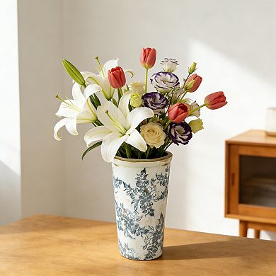 6.7x6.7x11.6" White Ceramic Accent Vase with Gray Floral Design