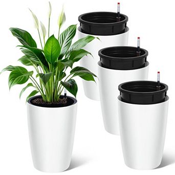 16" self-watering planters, set of 4, black. Drainage & water level monitor for indoor/outdoor use.