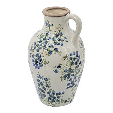 7.5x7.3x12" White Ceramic Vase With Blue Berry Motif