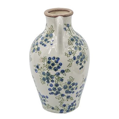 7.5x7.3x12" White Ceramic Vase With Blue Berry Motif