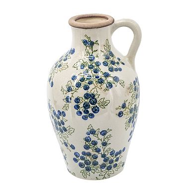 7.5x7.3x12" White Ceramic Vase With Blue Berry Motif