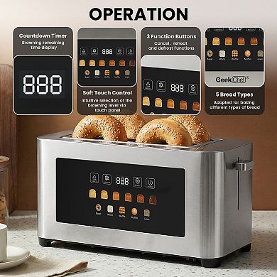 4 Slice Toaster Stainless Steel with LED Touch Screen 6 Browning Settings Anti Jam Auto Shut Off