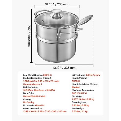 Stainless Steel Saucepan with Steamer, Glass Lid, Multipurpose Nonstick Sauce Pot, Ergonomic Handle