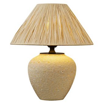 POWLIG Natural Textured Ceramic Table Lamp - Paper Raffia Shade for Cozy Bedroom Lighting