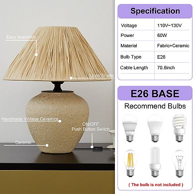 POWLIG Natural Textured Ceramic Table Lamp - Paper Raffia Shade for Cozy Bedroom Lighting