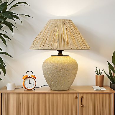 POWLIG Natural Textured Ceramic Table Lamp - Paper Raffia Shade for Cozy Bedroom Lighting