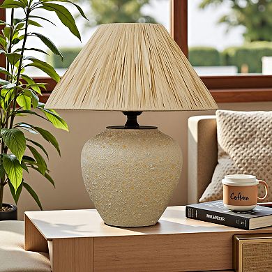 POWLIG Natural Textured Ceramic Table Lamp - Paper Raffia Shade for Cozy Bedroom Lighting
