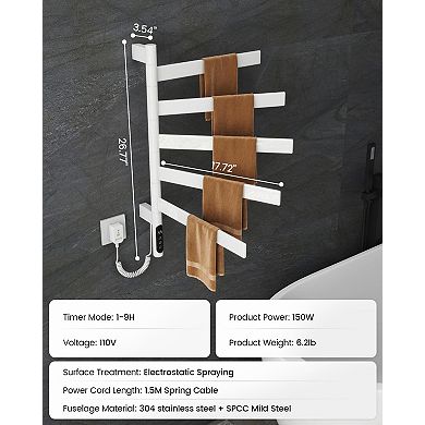 Wall Mounted Heated Towel Rack with Timer and Temp Control for Bathroom