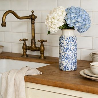 6.3x15.2" Blue and White Ceramic Accent Vase with Traditional Floral Motifs