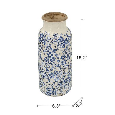 6.3x15.2" Blue and White Ceramic Accent Vase with Traditional Floral Motifs
