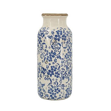 6.3x15.2" Blue and White Ceramic Accent Vase with Traditional Floral Motifs