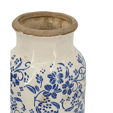 6.3x15.2" Blue and White Ceramic Accent Vase with Traditional Floral Motifs
