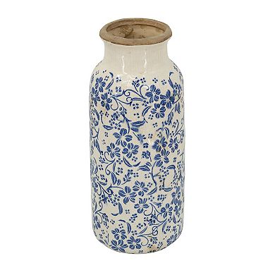 6.3x15.2" Blue and White Ceramic Accent Vase with Traditional Floral Motifs