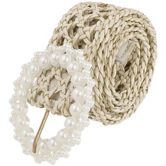 Women's Braided Woven Hollow Out Belts Pearl Buckle Bohemian Waistband for Dress