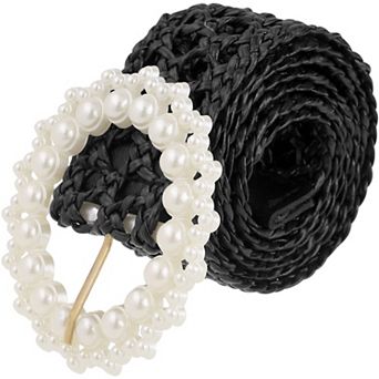 Women's Braided Woven Hollow Out Belts Pearl Buckle Bohemian Waistband for Dress