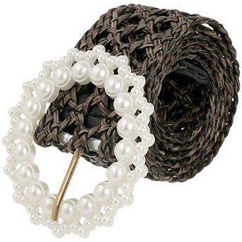 Women's Braided Woven Hollow Out Belts Pearl Buckle Bohemian Waistband for Dress