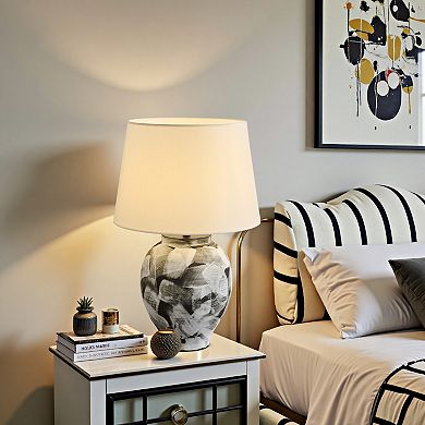 POWLIG Modern Hand-Painted Ceramic Table Lamp, Contemporary Nightstand Lamp for Living Room Decor