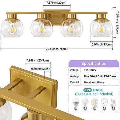 POWLIG 29.53" Vanity Light, 4-Light Modern Bathroom Fixture with Clear Glass Shades