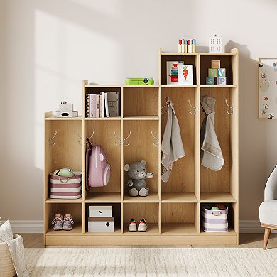 5-Section Wooden Kids Coat Locker,9 Storage Cubbies,10 Hooks,Organizer for Daycare, Kindergarten