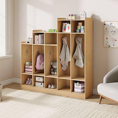 5-Section Wooden Kids Coat Locker,9 Storage Cubbies,10 Hooks,Organizer for Daycare, Kindergarten