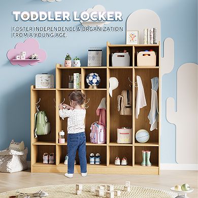 5-Section Wooden Kids Coat Locker,9 Storage Cubbies,10 Hooks,Organizer for Daycare, Kindergarten