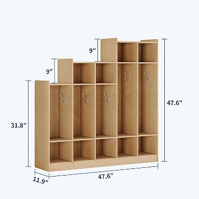 5-Section Wooden Kids Coat Locker,9 Storage Cubbies,10 Hooks,Organizer for Daycare, Kindergarten