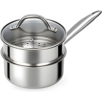 Great Ambitions 1.5-qt Tri-Ply Stainless Steel Sauce Pan with Steamer Basket, Lid, Induction Ready