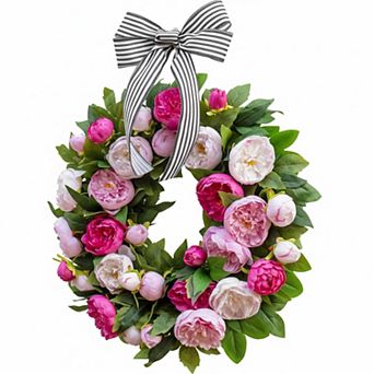 Spring Summer Wreath: Artificial Peonies, Black White Striped Bow, Front Door/Indoor/Outdoor Decor