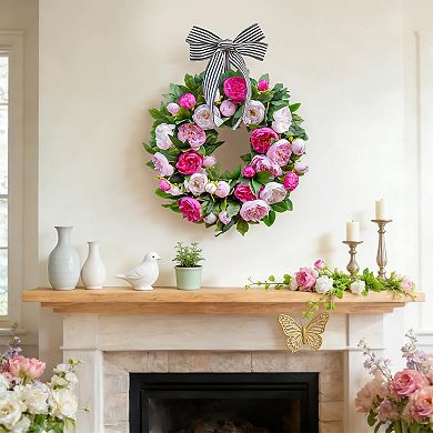 Spring Summer Wreath: Artificial Peonies, Black White Striped Bow, Front Door/Indoor/Outdoor Decor