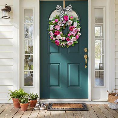 Spring Summer Wreath: Artificial Peonies, Black White Striped Bow, Front Door/Indoor/Outdoor Decor