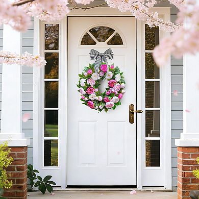 Spring Summer Wreath: Artificial Peonies, Black White Striped Bow, Front Door/Indoor/Outdoor Decor