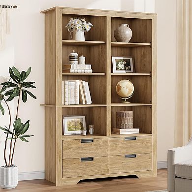 72in Tall Farmhouse 8 Tier Double Wide Bookcase 4 Drawers