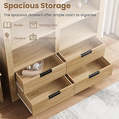 72in Tall Farmhouse 8 Tier Double Wide Bookcase 4 Drawers