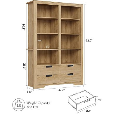 72in Tall Farmhouse 8 Tier Double Wide Bookcase 4 Drawers