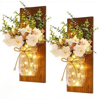 Rustic Mason Jar Wall Sconces Set of 2 with Remote LED Lights