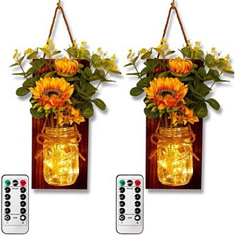 Sunflower Mason Jar Wall Sconces Set of Two with Remote LED