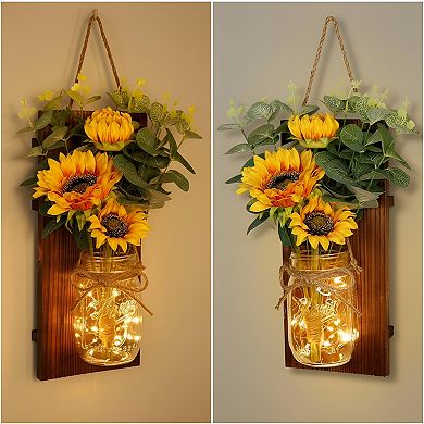 Sunflower Mason Jar Wall Sconces Set of Two with Remote LED