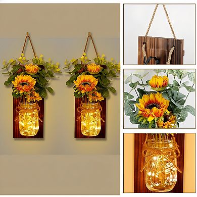 Sunflower Mason Jar Wall Sconces Set of Two with Remote LED