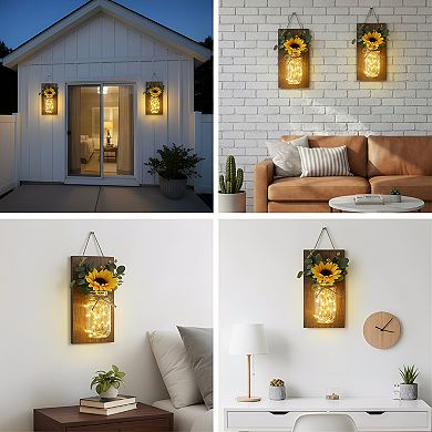 Sunflower Mason Jar Wall Sconces Set of Two with Remote LED
