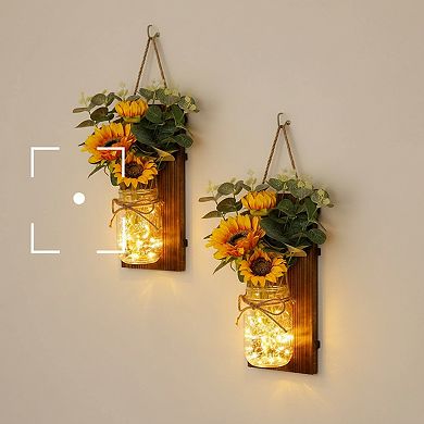 Sunflower Mason Jar Wall Sconces Set of Two with Remote LED
