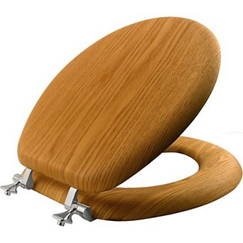 Round Oak Veneer Toilet Seat with Chrome Hinges, Natural Wood Easy-Clean