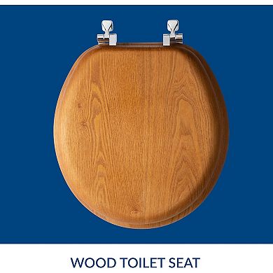 Round Oak Veneer Toilet Seat with Chrome Hinges, Natural Wood Easy-Clean