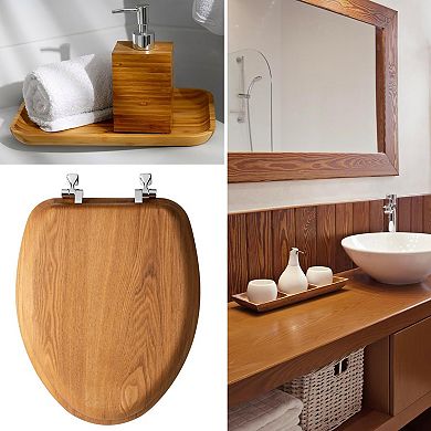 Round Oak Veneer Toilet Seat with Chrome Hinges, Natural Wood Easy-Clean