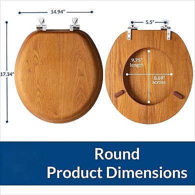 Round Oak Veneer Toilet Seat with Chrome Hinges, Natural Wood Easy-Clean
